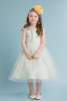 Light Sage Dull Satin Bodice and Tulle Skirt Flower Girls Dress 